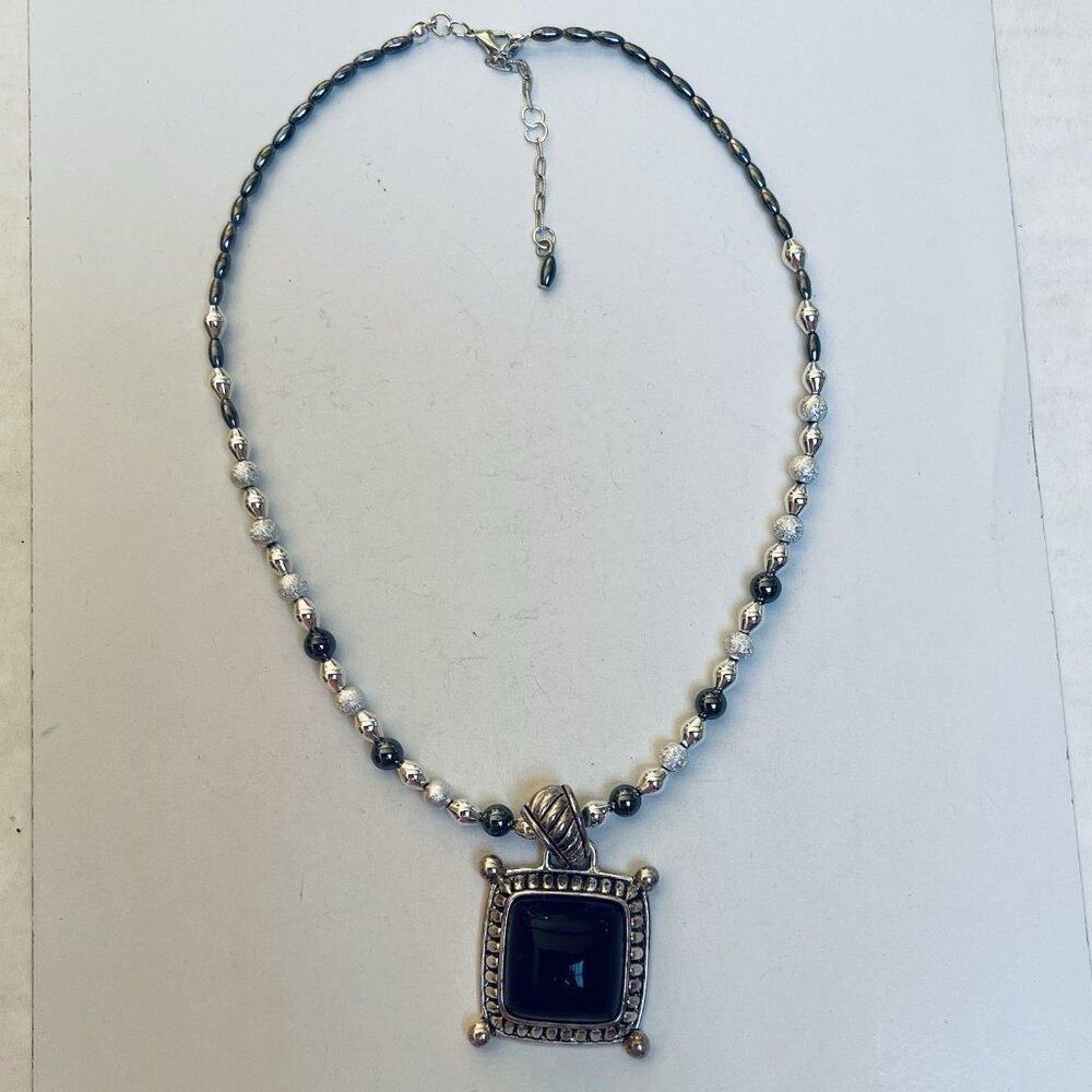 Premier Design Silver Tone Black Stone Pendant Statement Handmade‎ Necklace
